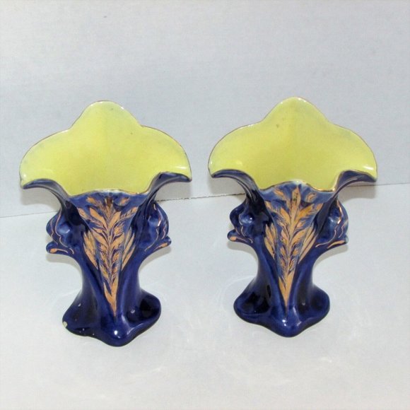 2 Antique Vases JACK-IN-THE PULPIT Ceramic Hand Painted Cobalt Blue Gold Vintage - Picture 3 of 10